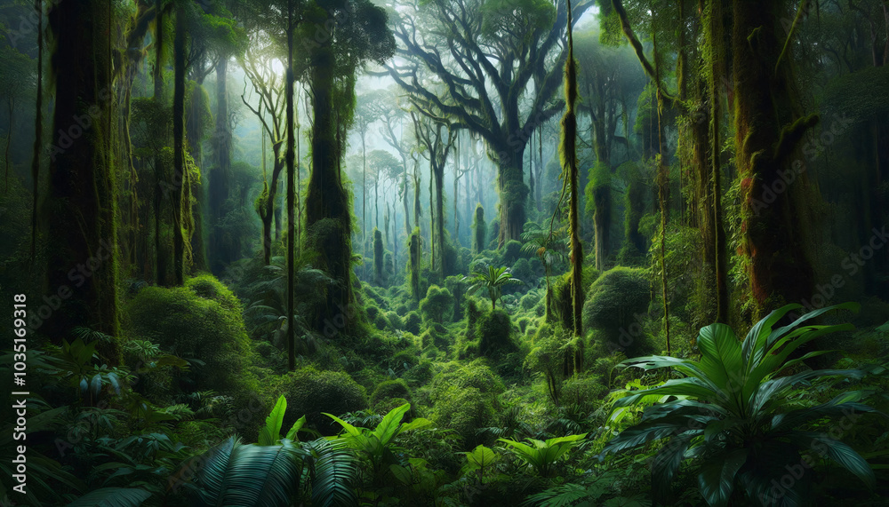 A dense and misty rainforest with towering trees and vibrant greenery, bathed in soft natural light A dense and misty rainforest with towering trees and vibrant greenery, bathed in soft natural light