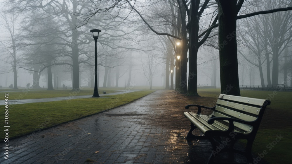 A misty park enveloped in serenity, dotted with bare trees and a solitary bench, subtly illuminated by street lamps on a gentle rainy day. A misty park enveloped in serenity, dotted with bare trees and a solitary bench, subtly illuminated by street lamps on a gentle rainy day.