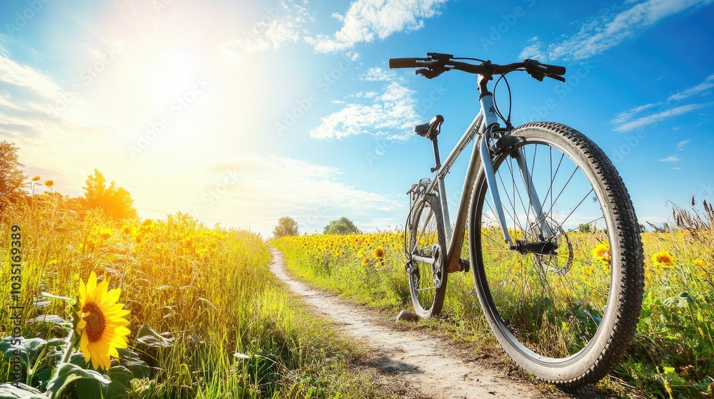 Obraz premium Scenic Bicycle Ride Through Bright Sunflower Field
