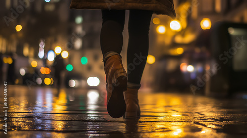  back view of a traveler feet walking in the city at night photo