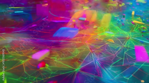 Abstract Digital Data Animation.  Generated video.  An animation of an abstract colorful video of many small nodes of digital data moving through an unseen network.  