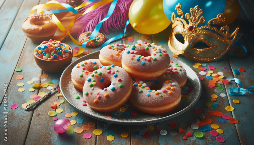 A plate of colorful sprinkle donuts surrounded by festive decorations like balloons, masks, and confetti on a wooden table A plate of colorful sprinkle donuts surrounded by festive decorations like balloons, masks, and confetti on a wooden table
