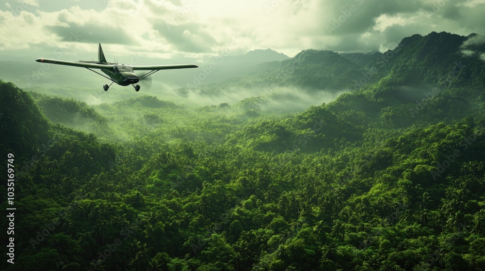 Fototapeta premium Aerial View of Airplane over Lush Green Landscape