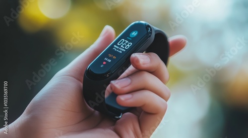 Wallpaper Mural A close-up of a hand holding a fitness tracker with a digital display, Health-conscious theme, Focused style Torontodigital.ca