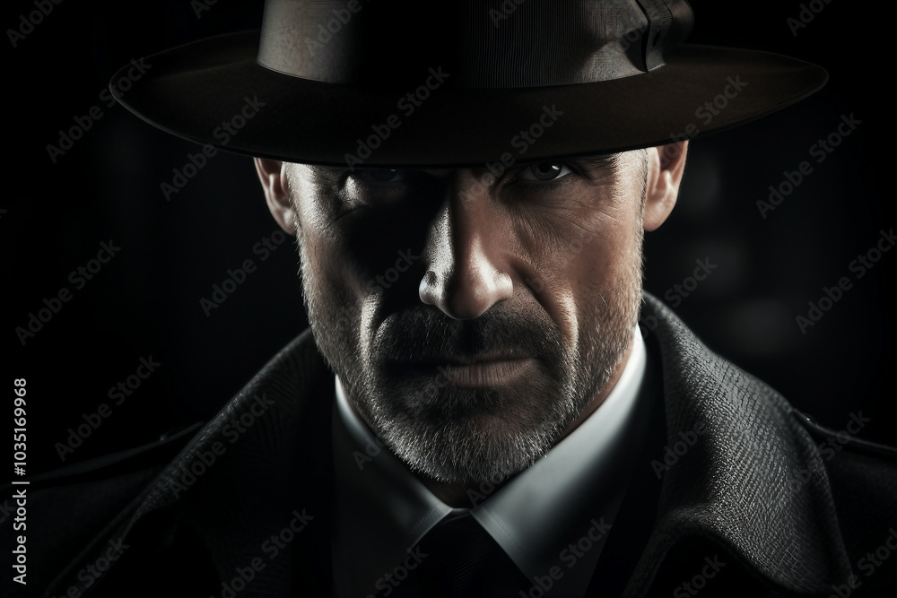 Generative AI illustration of secret agent spy person classic spy movie stylish action clothes scene Generative AI illustration of secret agent spy person classic spy movie stylish action clothes scene