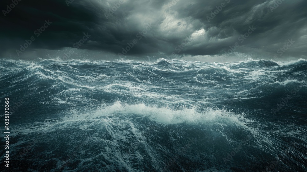 Turbulent Ocean Waves Under Dark Stormy Sky