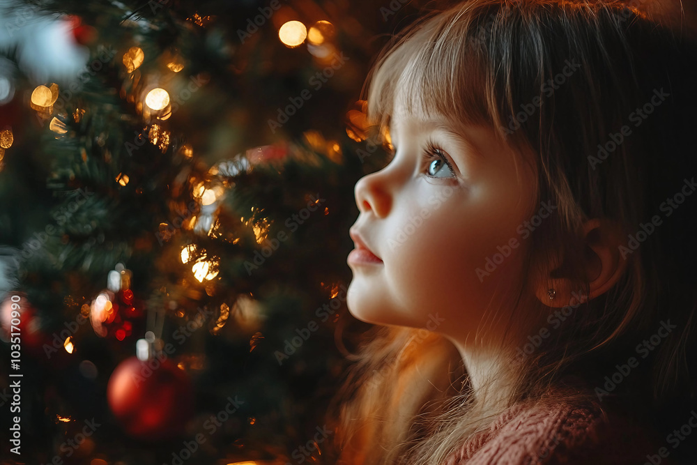 Generative AI image of mother father child couple family together by decorated Christmas tree holiday celebration themes Generative AI image of mother father child couple family together by decorated Christmas tree holiday celebration themes
