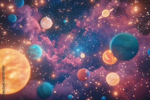 Mesmerizing 3D Cosmic Landscape with Swirling Galaxies and Celestial Bodies