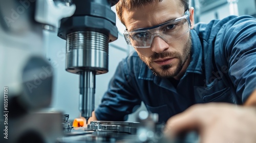 A close-up of a machinist in a work shirt and safety glasses, programming a CNC machine with precise, intricate parts and tools visible in the workshop