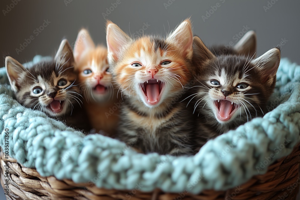 Adorable kittens meowing in a cozy woven basket, showcasing various fur patterns. Adorable kittens meowing in a cozy woven basket, showcasing various fur patterns.