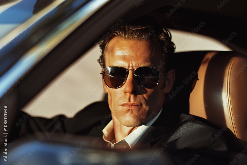 Ai generated retro photo of well-groomed luxurious rich man in car Ai generated retro photo of well-groomed luxurious rich man in car