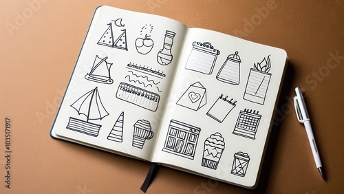 Notebook with black ink doodles: house, coffee cup, cloud, pencil, leaf, tablet, snowflake, and arrows. Pens lie beside it on the wooden surface. photo