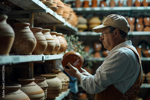 Generative AI photo craftsman shaping clay pot on spinning wheel in pottery studio surrounded by ceramic pieces photo