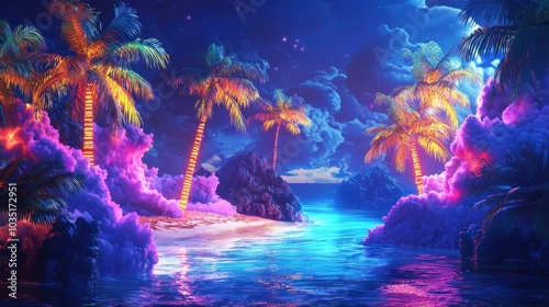 Mesmerizing Tropical Nightscape with Glowing Palm Trees and Reflective Waters