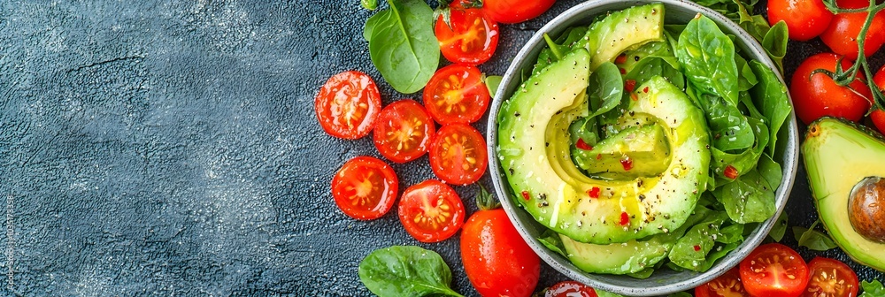 Colorful and Healthy Salad Bowl Filled with Fresh Avocado Cherry Tomatoes and Drizzled with a Delicious Dressing on a Wooden Background Colorful and Healthy Salad Bowl Filled with Fresh Avocado Cherry Tomatoes and Drizzled with a Delicious Dressing on a Wooden Background
