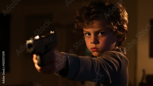 Focused boy aims a toy gun with steely determination in dim light, embodying the essence of childhood play and imagination.