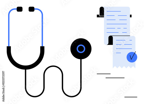 Stethoscope beside medical documents with a checkmark on a white background. Ideal for healthcare, medical diagnostics, patient care, health records, and medical billing. Simple line art style