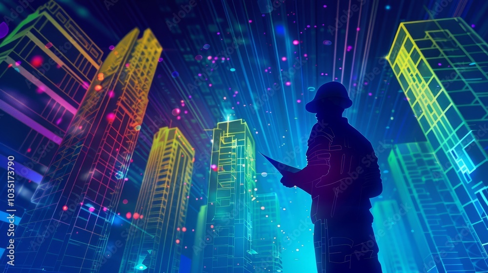 A person stands amidst glowing skyscrapers, engaging with futuristic technology while illuminated by colorful digital projections against a darkening sky A person stands amidst glowing skyscrapers, engaging with futuristic technology while illuminated by colorful digital projections against a darkening sky