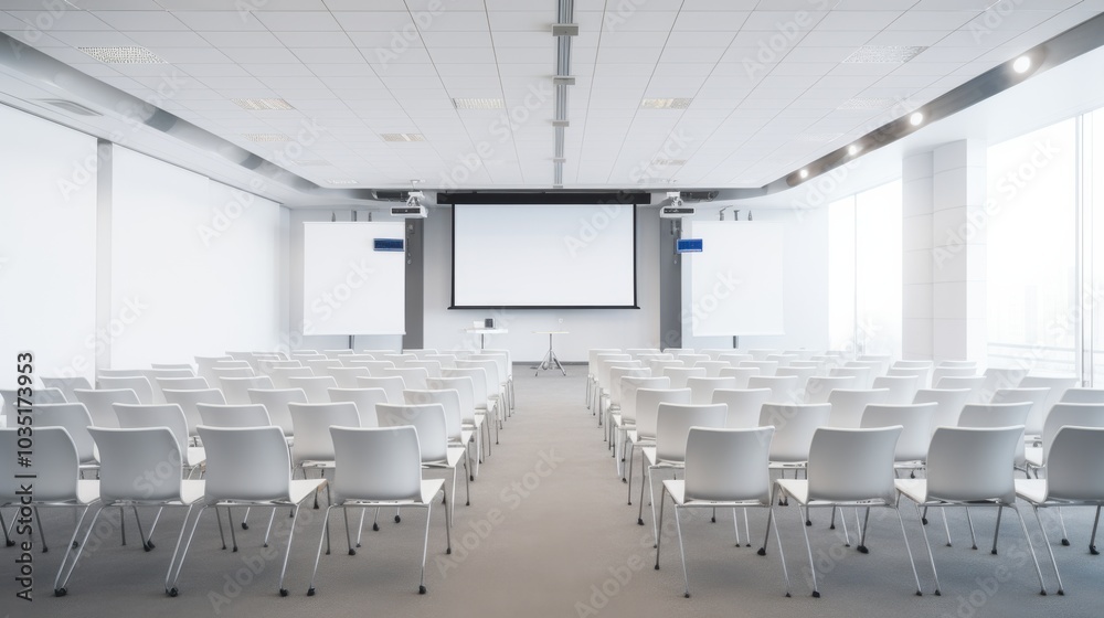 Fototapeta premium Spacious conference room with immaculate rows of white chairs, poised for a professional gathering under bright, natural lighting.