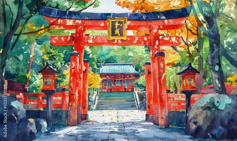 Watercolor Motonosumi Inari Shrine in Yamaguchi,Japan Watercolor Motonosumi Inari Shrine in Yamaguchi,Japan