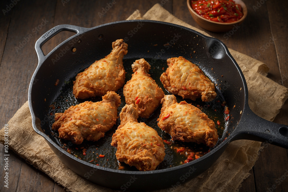 Spicy fried chicken being fried in a frying pan Spicy fried chicken being fried in a frying pan
