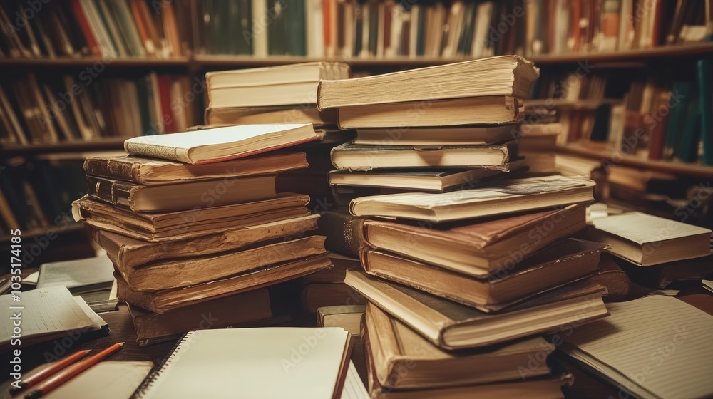 Stacked Books and Notebooks in a Library Setting Stacked Books and Notebooks in a Library Setting