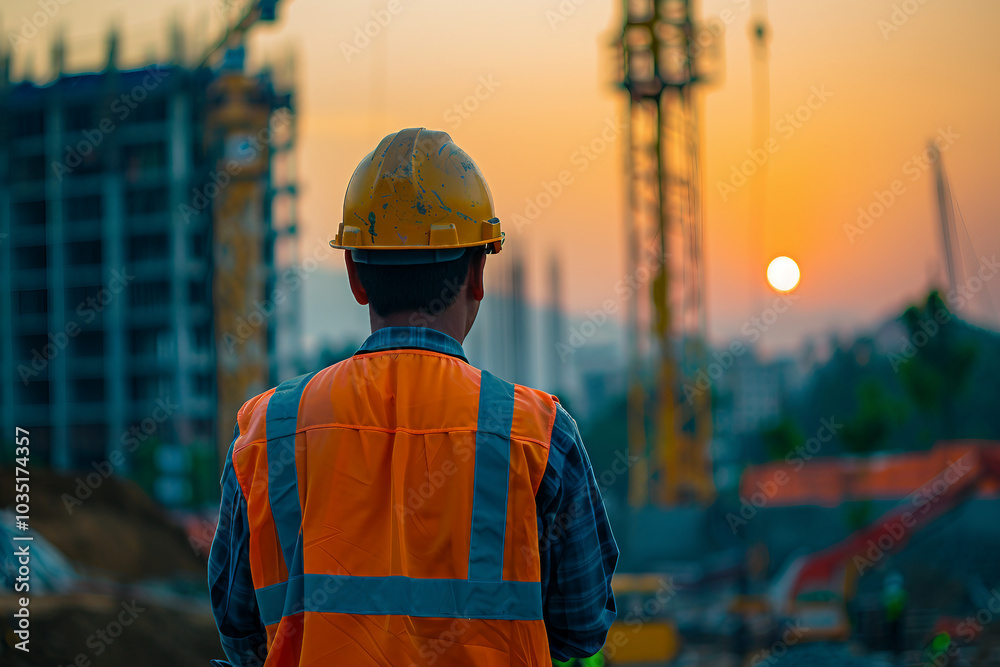 Construction worker observing a building site generative AI image Construction worker observing a building site generative AI image
