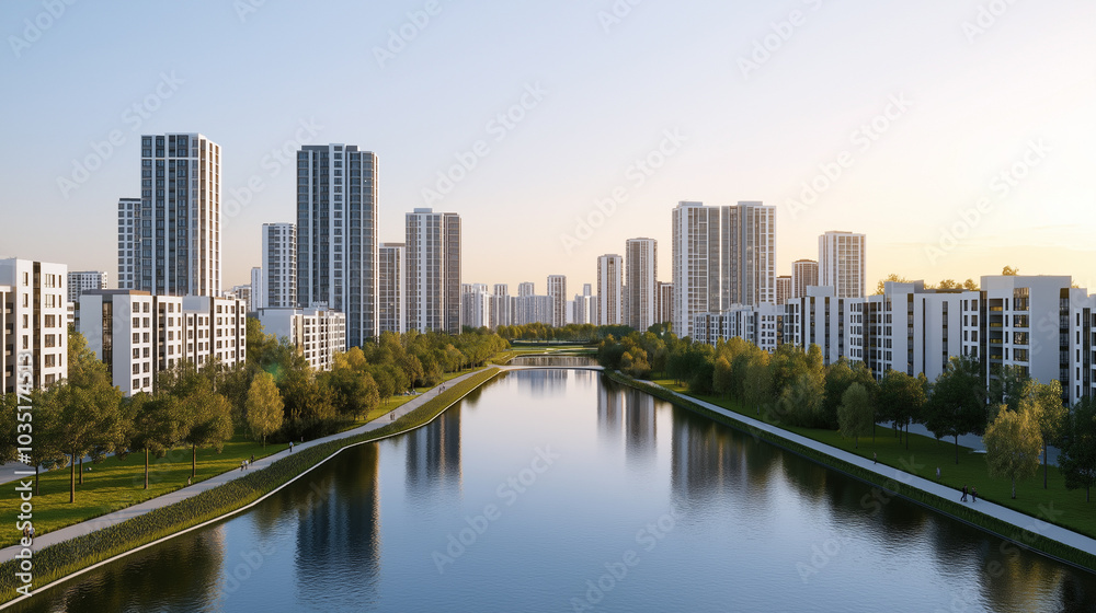 Modern Cityscape with Canal and Lush Greenery Modern Cityscape with Canal and Lush Greenery