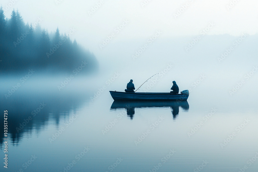 Two fishermen in a boat casting lines on a foggy morning lake Two fishermen in a boat casting lines on a foggy morning lake