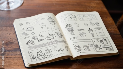 A sketchbook lays open on a wooden table, filled with cute character doodles. A pen lies beside it, and a cappuccino sits to the side.