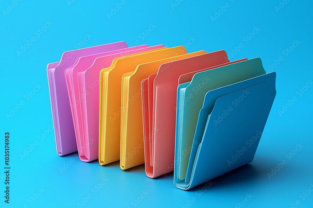 Colorful filing folders arranged on a bright blue background Colorful filing folders arranged on a bright blue background