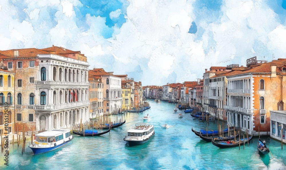 Fototapeta premium Watercolor Beautiful view of the Grand Canal with boats and colorful facades of old medieval houses from the Rialto Bridge in Venice, Italy. Venice is a popular