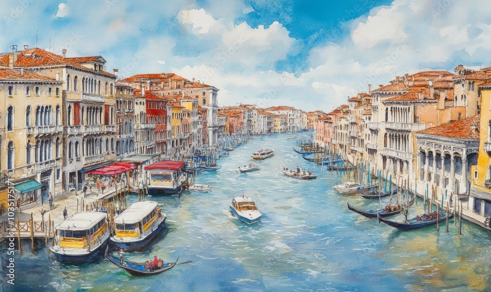 Fototapeta premium Watercolor Beautiful view of the Grand Canal with boats and colorful facades of old medieval houses from the Rialto Bridge in Venice, Italy. Venice is a popular