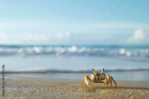 Generated with AI image of tropical summer landscape crab on sandy beach photo