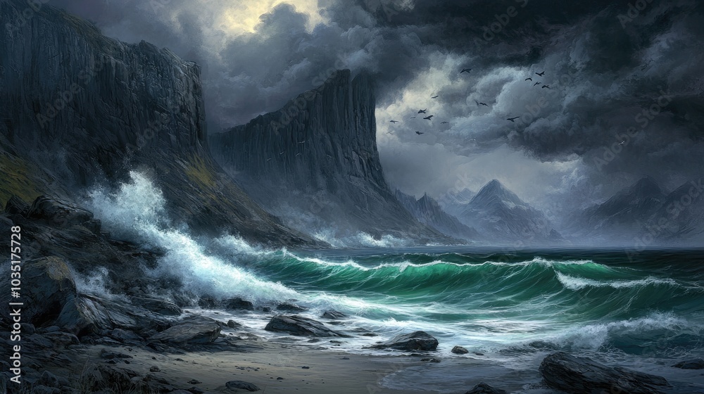 Obraz premium Dramatic Seascape with Dark Clouds and Turbulent Waves