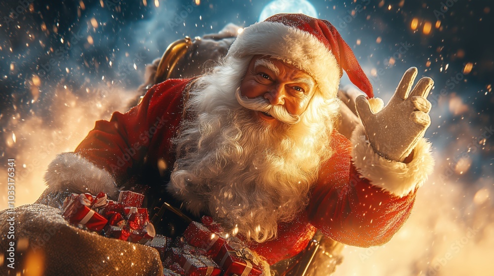 Merry Christmas! Santa Claus Waves Goodbye from Magical Sleigh Merry Christmas! Santa Claus Waves Goodbye from Magical Sleigh