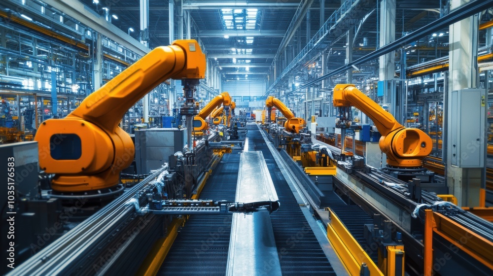 A row of robotic arms operating in an advanced automated industrial factory, performing precise tasks in a high-tech manufacturing facility with efficient production lines.
A row of robotic arms operating in an advanced automated industrial factory, performing precise tasks in a high-tech manufacturing facility with efficient production lines.