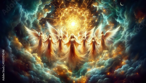 Celestial Assembly of Radiant Angels in a Cosmic Realm