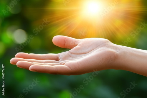 Open hand reaching toward sunlight symbolizing hope energy and new beginnings as warm rays shine down from above creating a moment of peace and inspiration