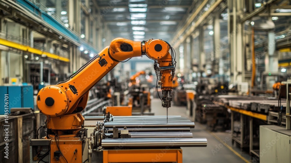 A robotic arm operating in an automated industrial manufacturing factory, performing tasks on metal components in a large production facility with advanced machinery.
A robotic arm operating in an automated industrial manufacturing factory, performing tasks on metal components in a large production facility with advanced machinery.