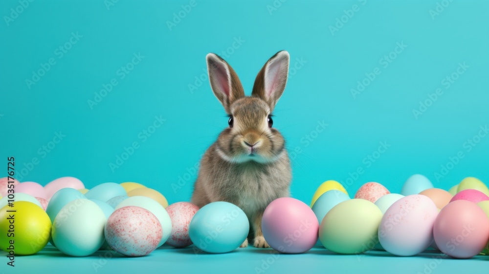 A curious bunny amidst colorful Easter eggs on a bright blue background, radiating festive cheer and playfulness. A curious bunny amidst colorful Easter eggs on a bright blue background, radiating festive cheer and playfulness.