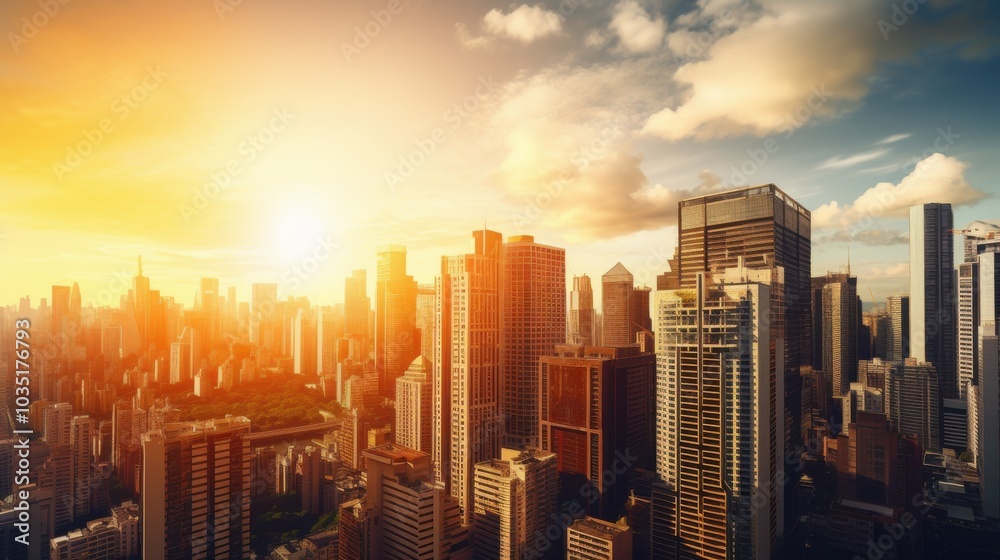 Fototapeta premium Warm golden sunlight bathes a vibrant cityscape, highlighting urban architecture against a clear, expansive sky.