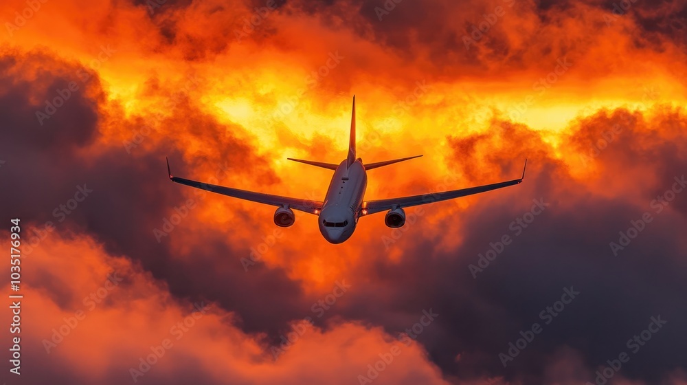 Airplane Flying Through Fiery Sunset Clouds Airplane Flying Through Fiery Sunset Clouds