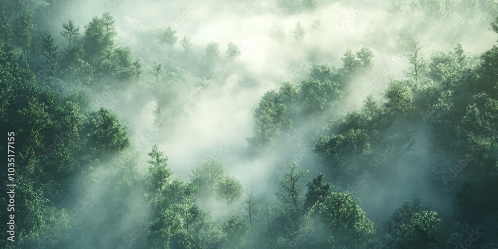 Obraz premium Dense mist surrounding towering pine trees in a serene forest landscape for a tranquil autumn feel