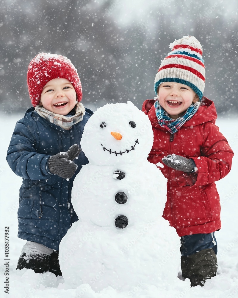 Two cheerful children build a snowman in a snowy landscape, surrounded by falling snowflakes, showcasing a festive winter spirit. Two cheerful children build a snowman in a snowy landscape, surrounded by falling snowflakes, showcasing a festive winter spirit.