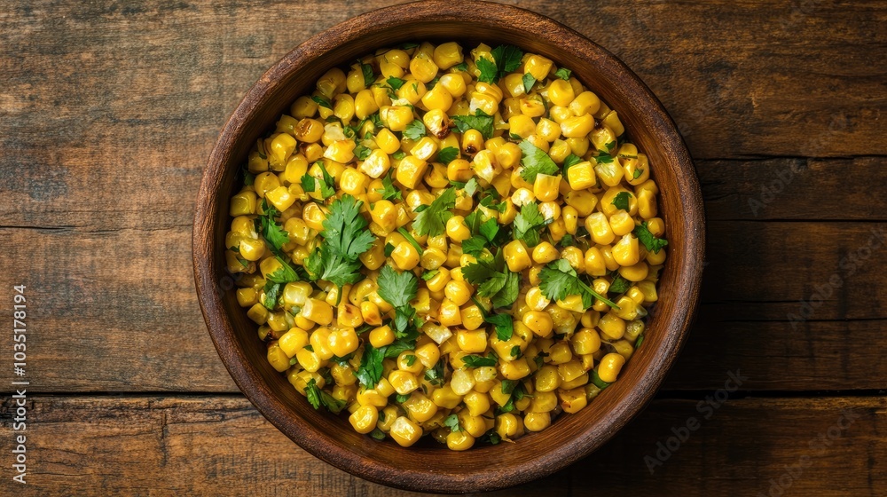 Fresh Corn Salad with Herbs in Wooden Bowl