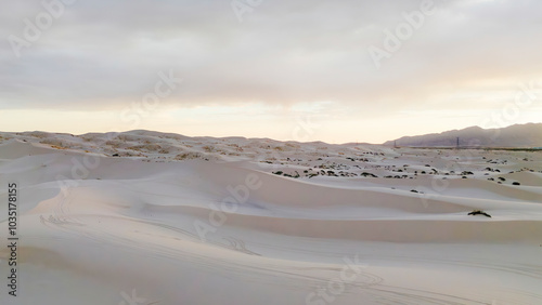 Aerial view of beautiful sandy dunes at sunset, Samalayuca dunes, Ciudad Juarez, Mexico. photo