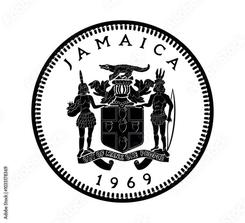 1 cent 1969, Jamaica. The obverse of the 1969 Jamaican coin features the Jamaican coat of arms. The coin is depicted in black and white. Vector illustration.