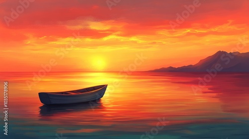 Serene Sunset Over Tranquil Waters with a Boat