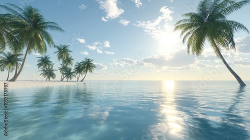 Serene Tropical Beach with Palm Trees and Calm Waters